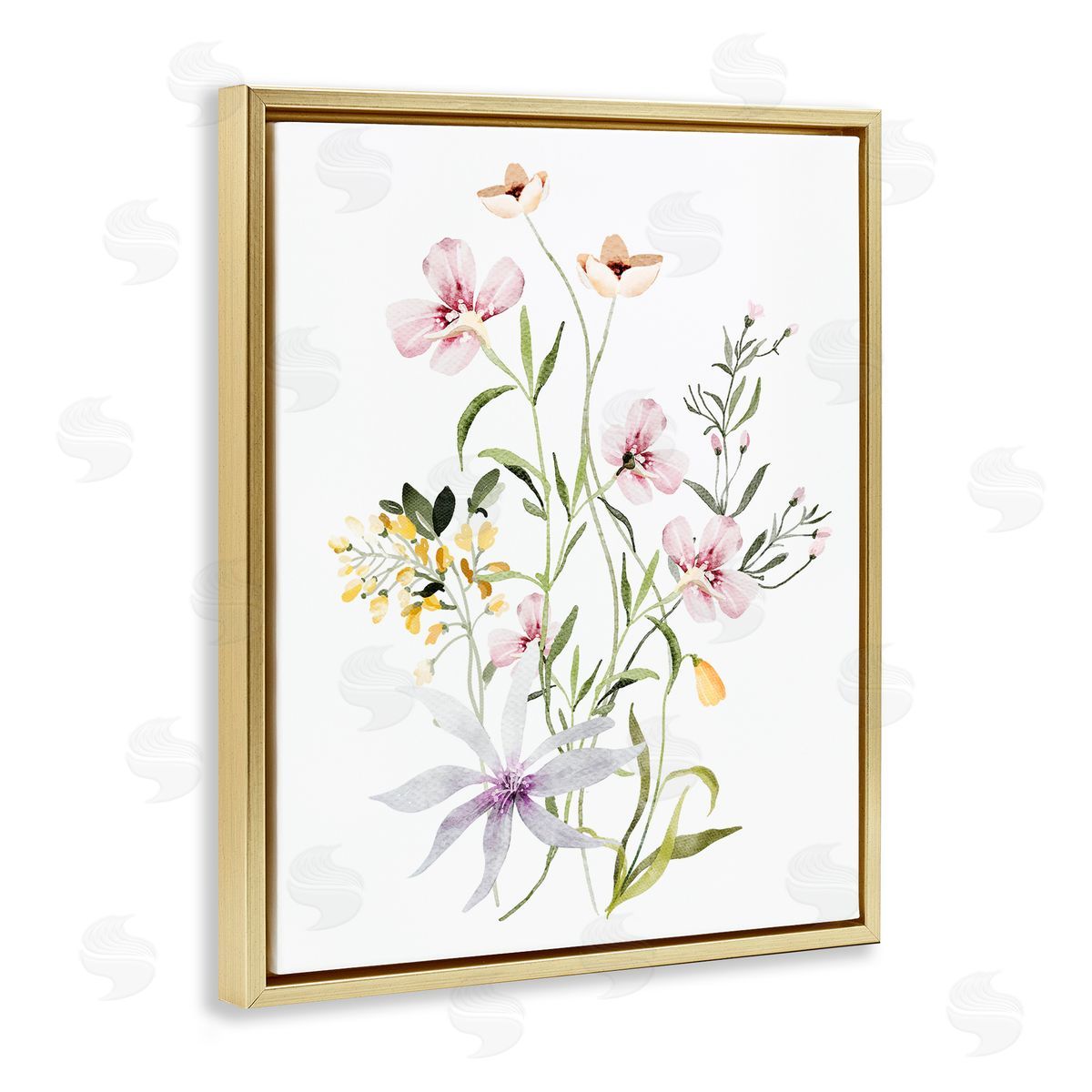 Lettered and Lined Floral Foliage Bundle Gold Floating Frame Canvas Wall Art Print