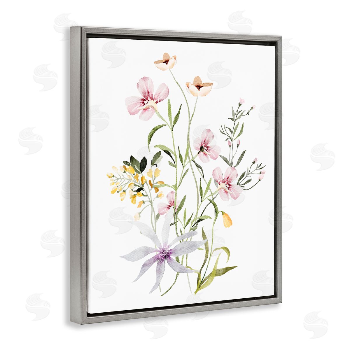 Lettered and Lined Floral Foliage Bundle Gray Floating Frame Canvas Wall Art Print