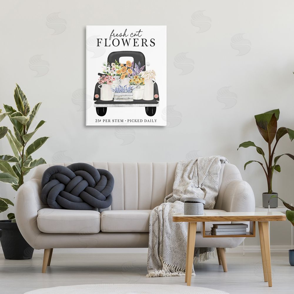 Lettered and Lined Fresh Flowers Picked Daily Stretched Canvas Wall Art Print in Room