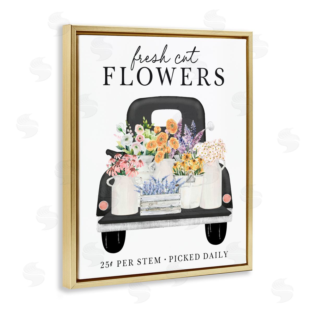 Lettered and Lined Fresh Flowers Picked Daily Gold Floating Frame Canvas Wall Art Print