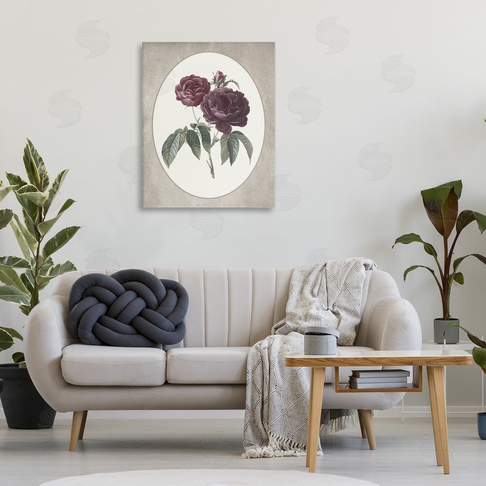 Lettered and Lined Vintage Blooms within Oval Stretched Canvas Wall Art Print in Room