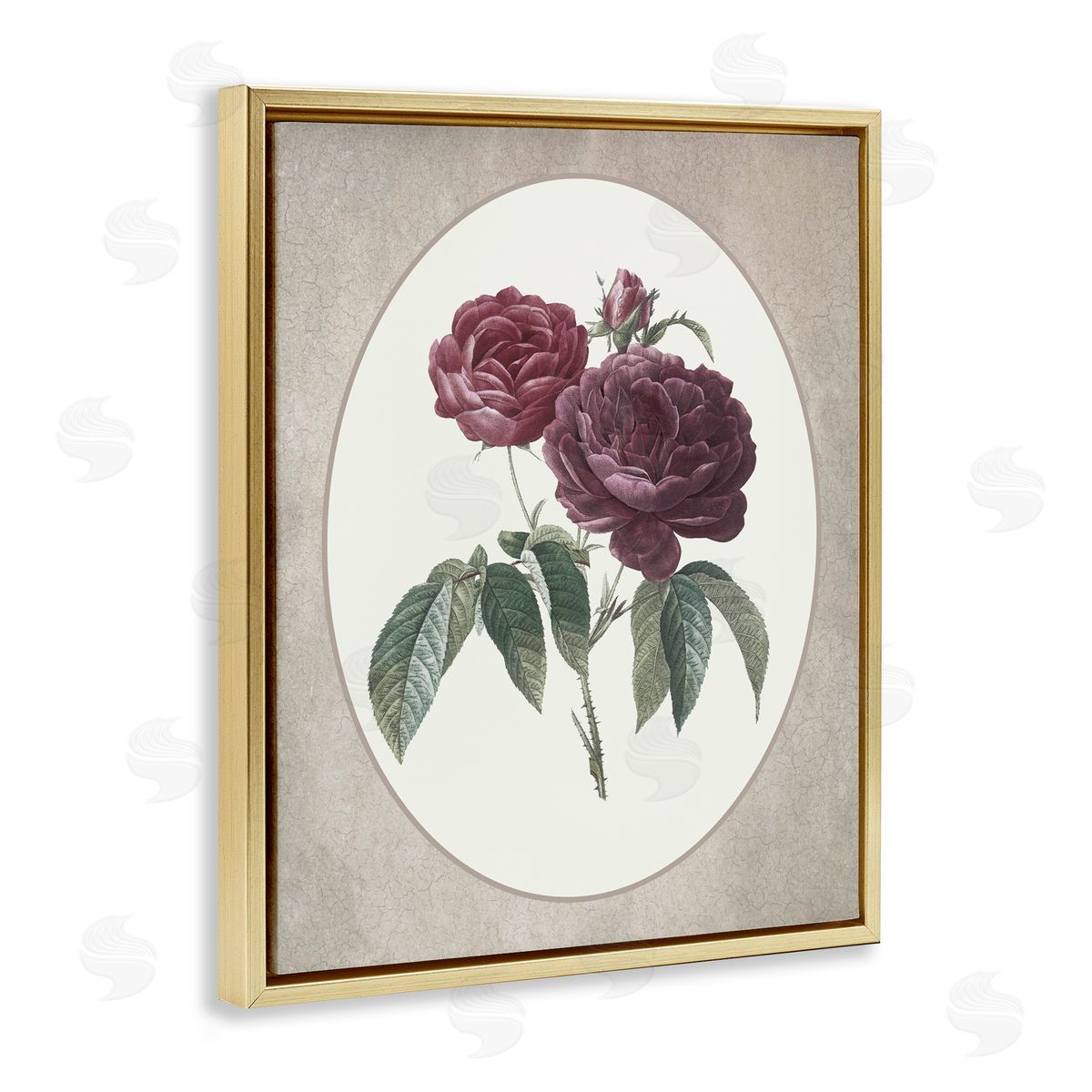 Lettered and Lined Vintage Blooms within Oval Gold Floating Frame Canvas Wall Art Print