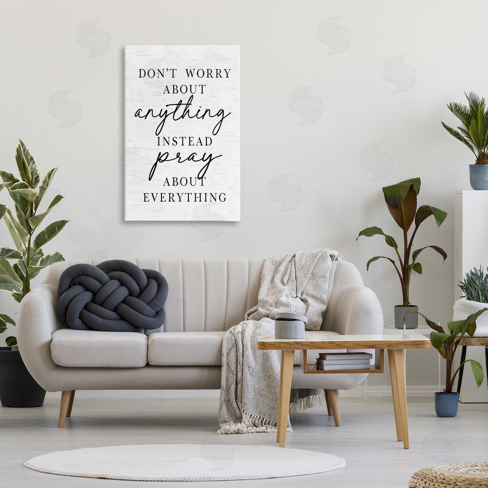 Lettered and Lined Pray Instead Of Worry Stretched Canvas Wall Art Print in Room