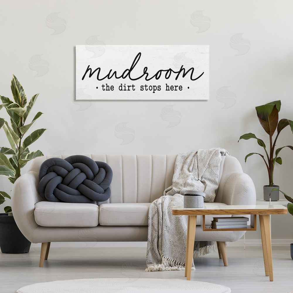 Lettered and Lined Mudroom Script Dirt Stops Here Stretched Canvas Wall Art Print in Room