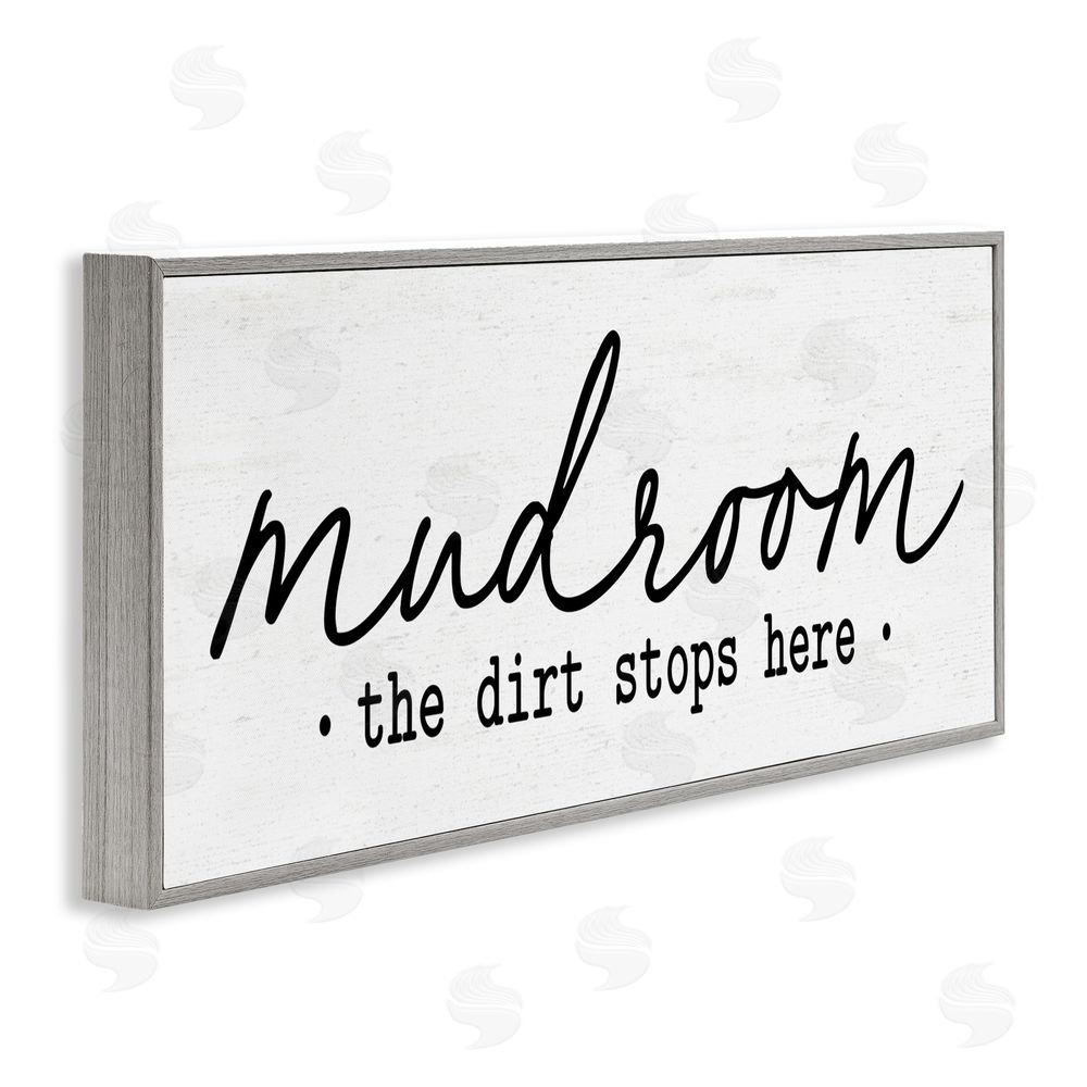 Lettered and Lined Mudroom Script Dirt Stops Here Gray Framed Giclee Print Wall Art