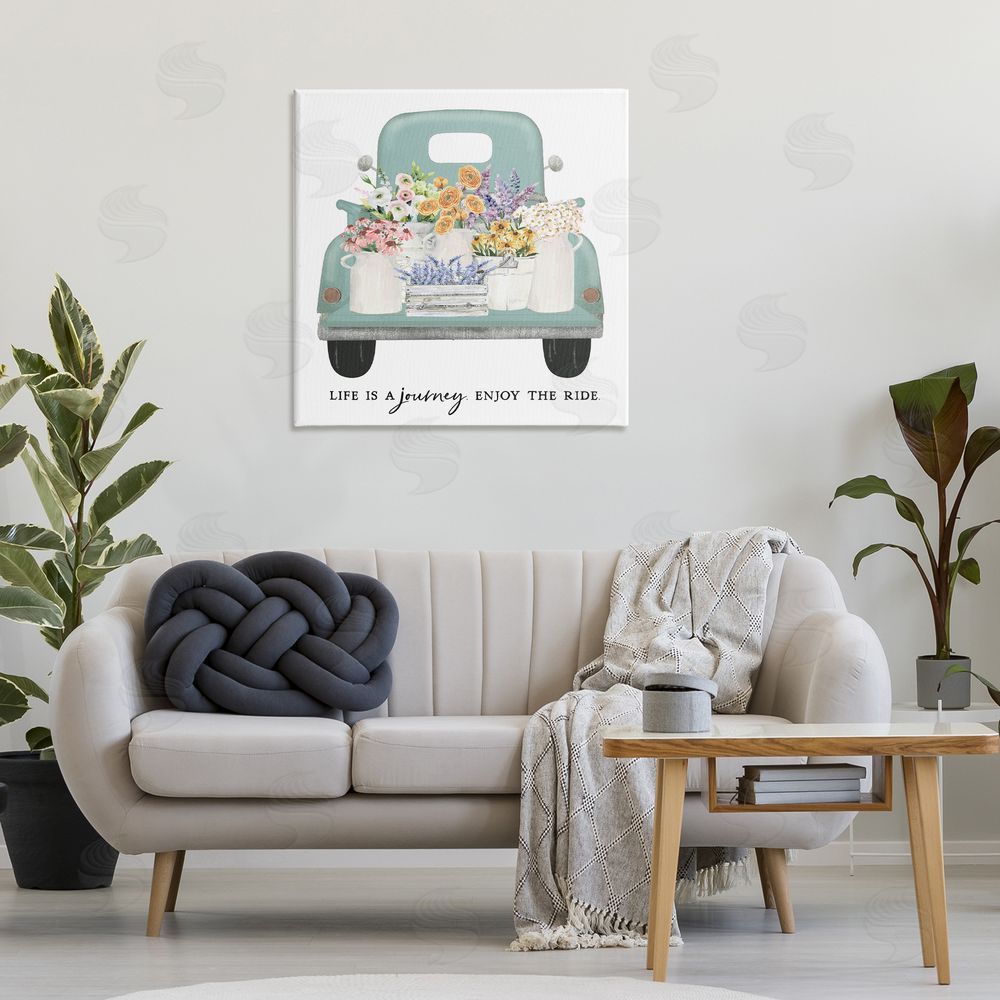 Lettered and Lined Enjoy Ride Floral Truck Stretched Canvas Wall Art Print in Room