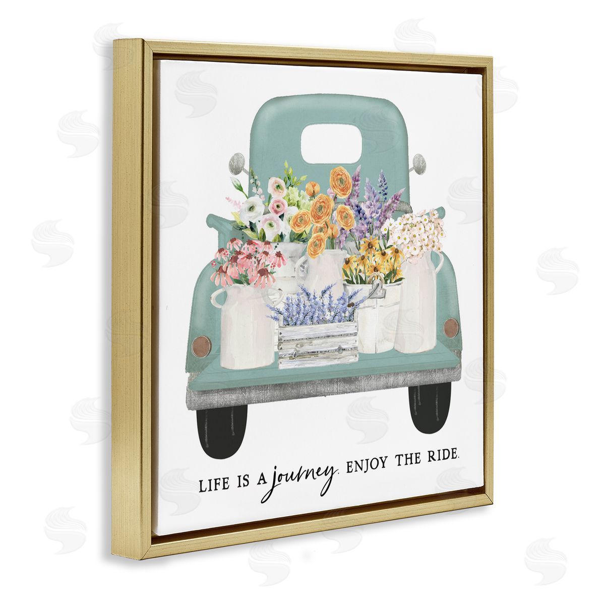 Lettered and Lined Enjoy Ride Floral Truck Gold Floating Frame Canvas Wall Art Print