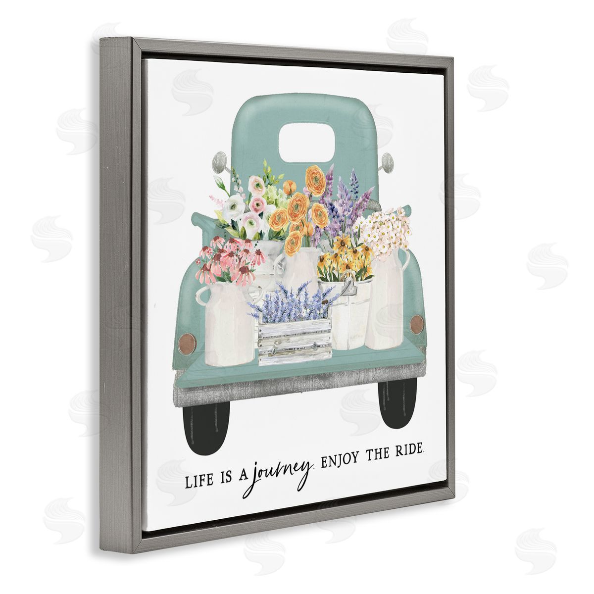 Lettered and Lined Enjoy Ride Floral Truck Gray Floating Frame Canvas Wall Art Print