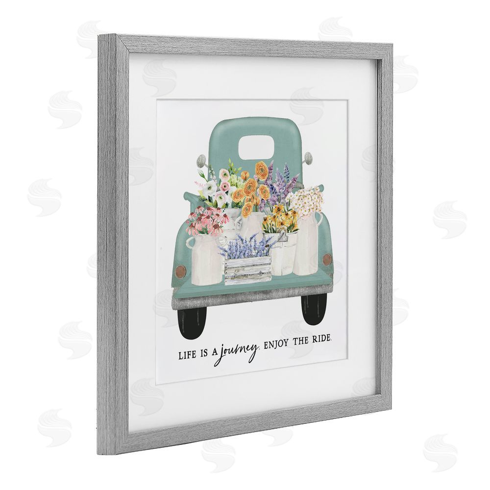 Lettered and Lined Enjoy Ride Floral Truck Gray Framed Print Under Glass Wall Art