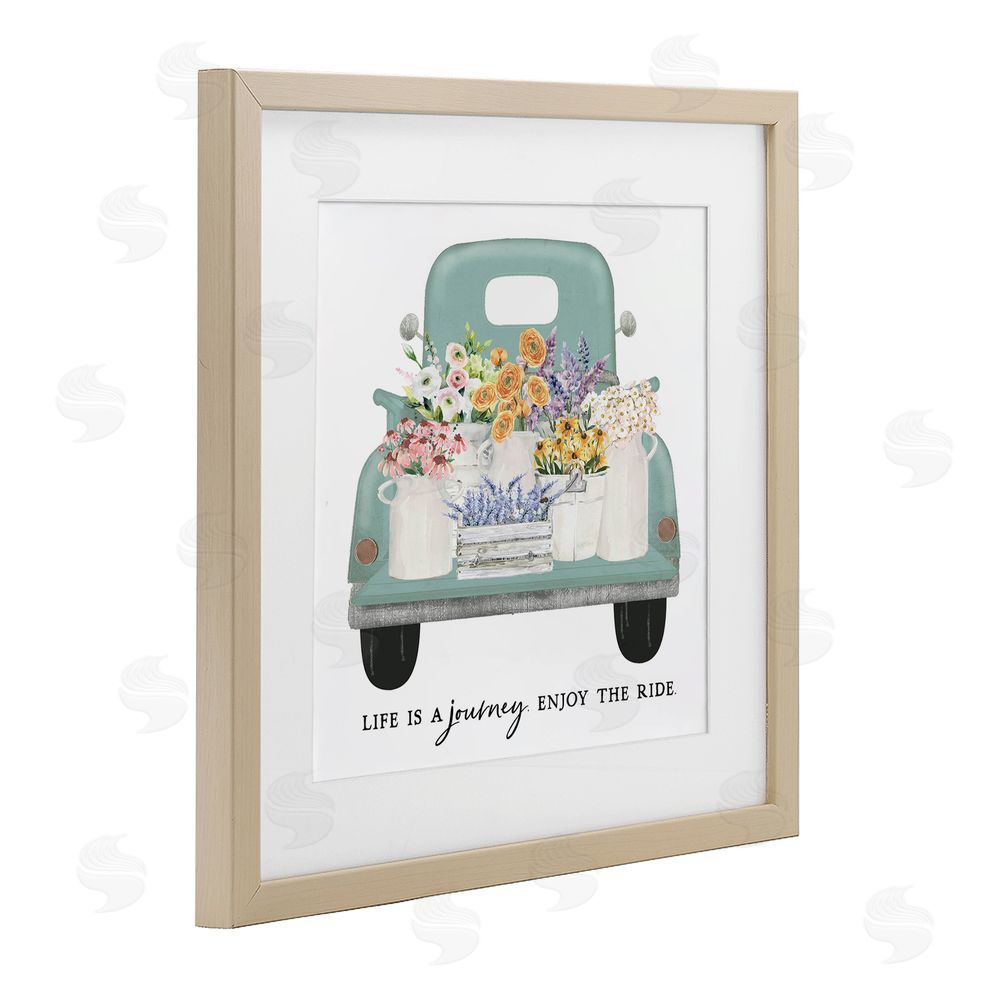 Lettered and Lined Enjoy Ride Floral Truck Brown Framed Print Under Glass Wall Art