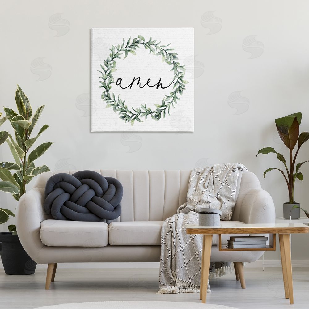 Lettered and Lined Amen Botanical Wreath & Script Stretched Canvas Wall Art Print in Room