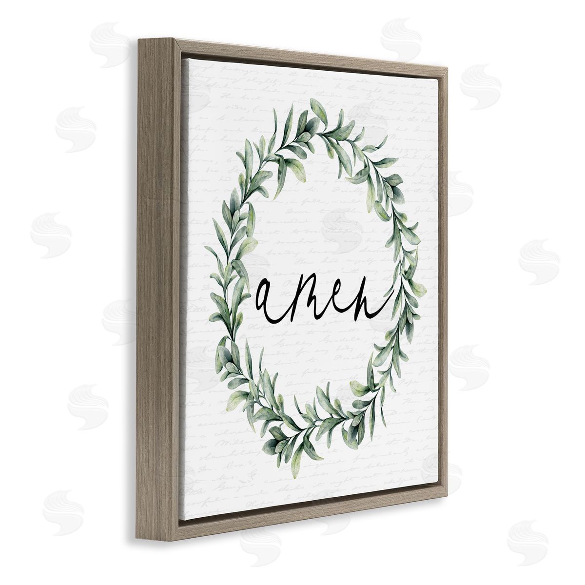 Lettered and Lined Amen Botanical Wreath & Script Brown Floating Frame Canvas Wall Art Print