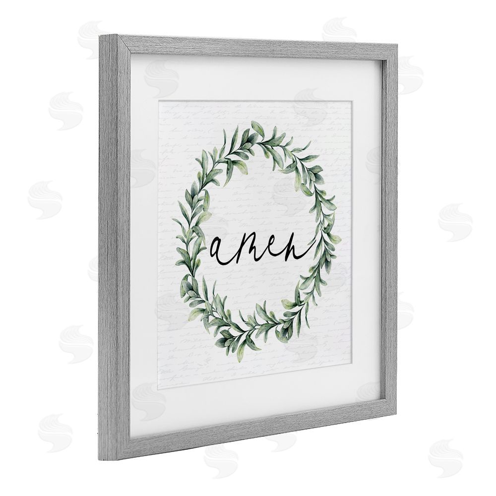 Lettered and Lined Amen Botanical Wreath & Script Gray Framed Print Under Glass Wall Art