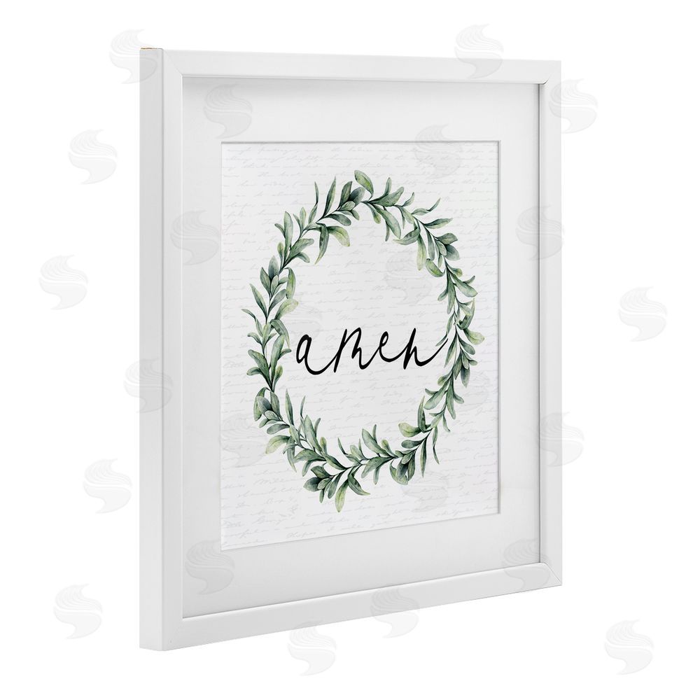 Lettered and Lined Amen Botanical Wreath & Script White Framed Print Under Glass Wall Art