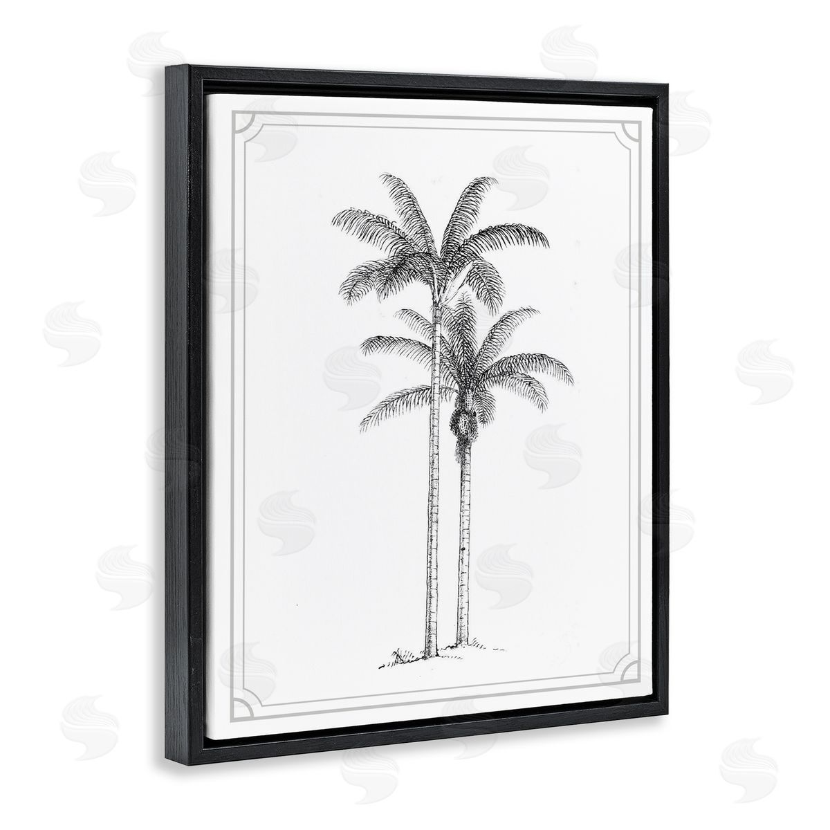 Lettered and Lined Vintage Simple Palm Tree Black Floating Frame Canvas Wall Art Print