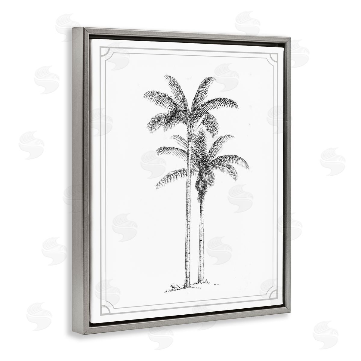Lettered and Lined Vintage Simple Palm Tree Gray Floating Frame Canvas Wall Art Print