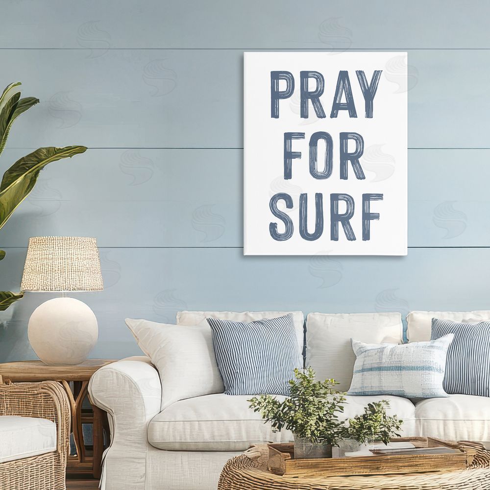 Lettered and Lined Summer Sentiment Pray For Surf Stretched Canvas Wall Art Print in Room