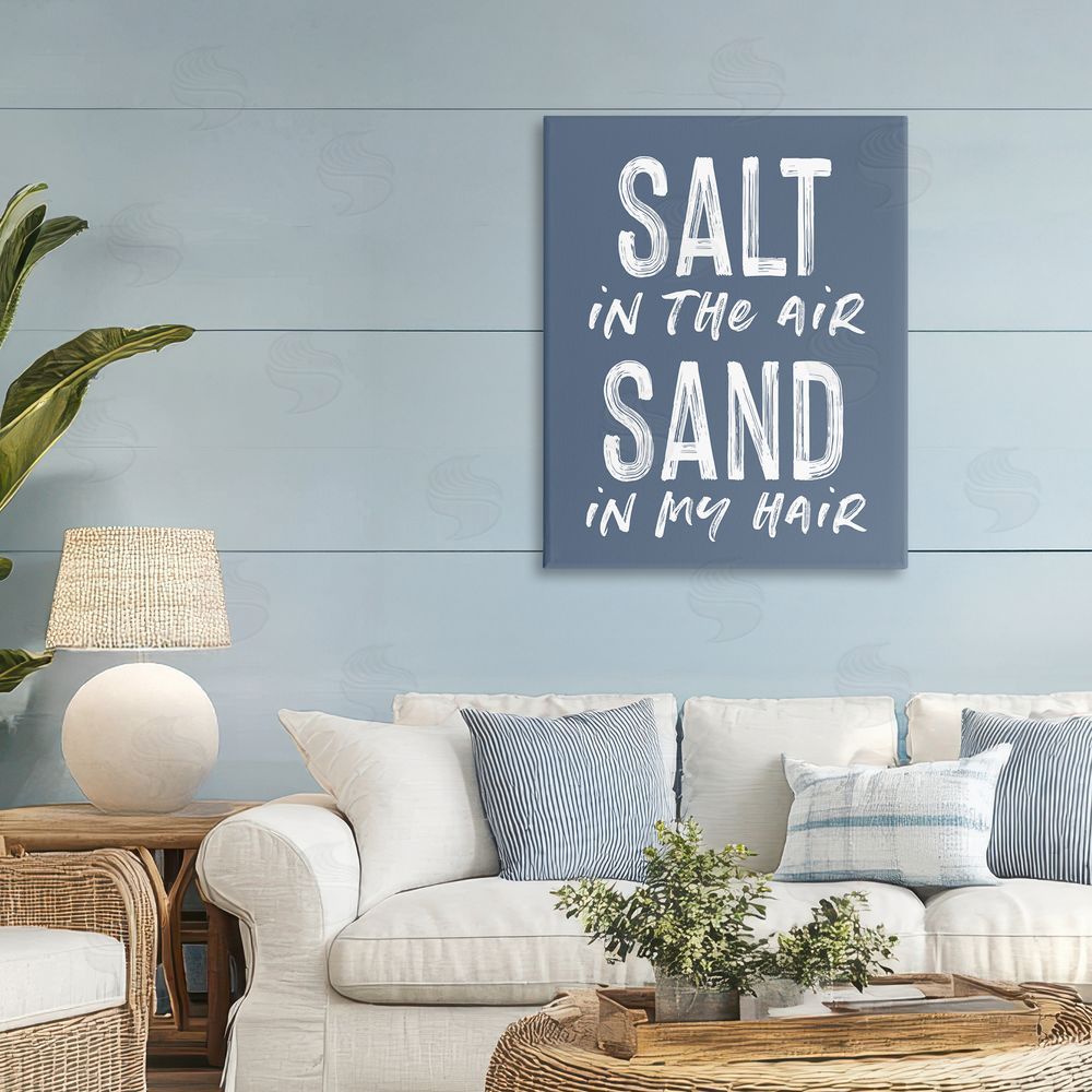 Lettered and Lined Summer Sentiment Salt Sand In Hair Stretched Canvas Wall Art Print in Room