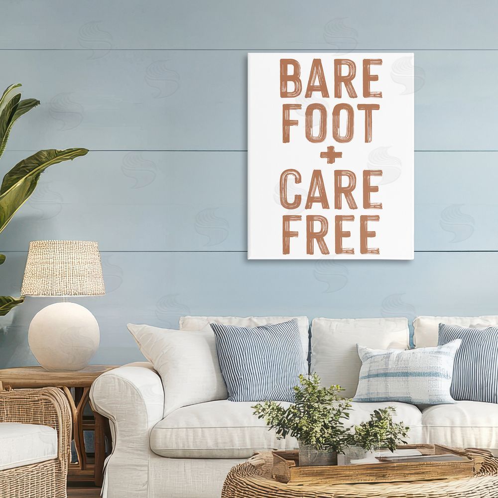 Lettered and Lined Barefoot Carefree Summer Sentiment Stretched Canvas Wall Art Print in Room