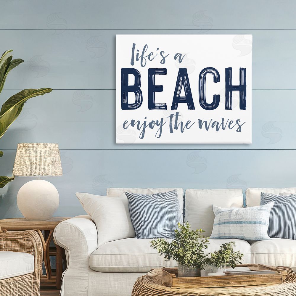 Lettered and Lined Summer Sentiment Enjoy Waves Stretched Canvas Wall Art Print in Room