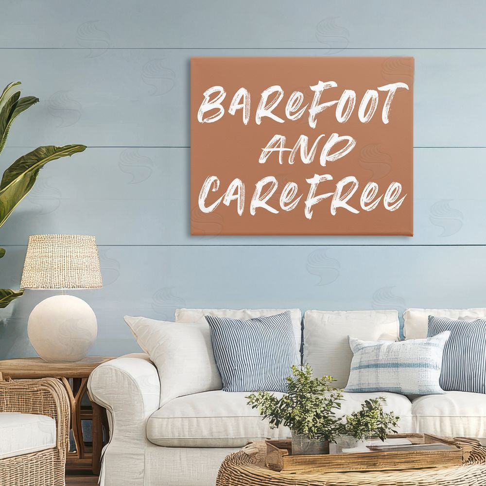 Lettered and Lined Barefoot & Carefree Brown Stretched Canvas Wall Art Print in Room