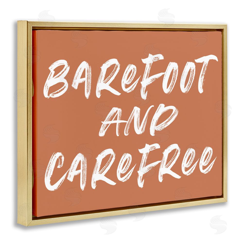 Lettered and Lined Barefoot & Carefree Brown Gold Floating Frame Canvas Wall Art Print