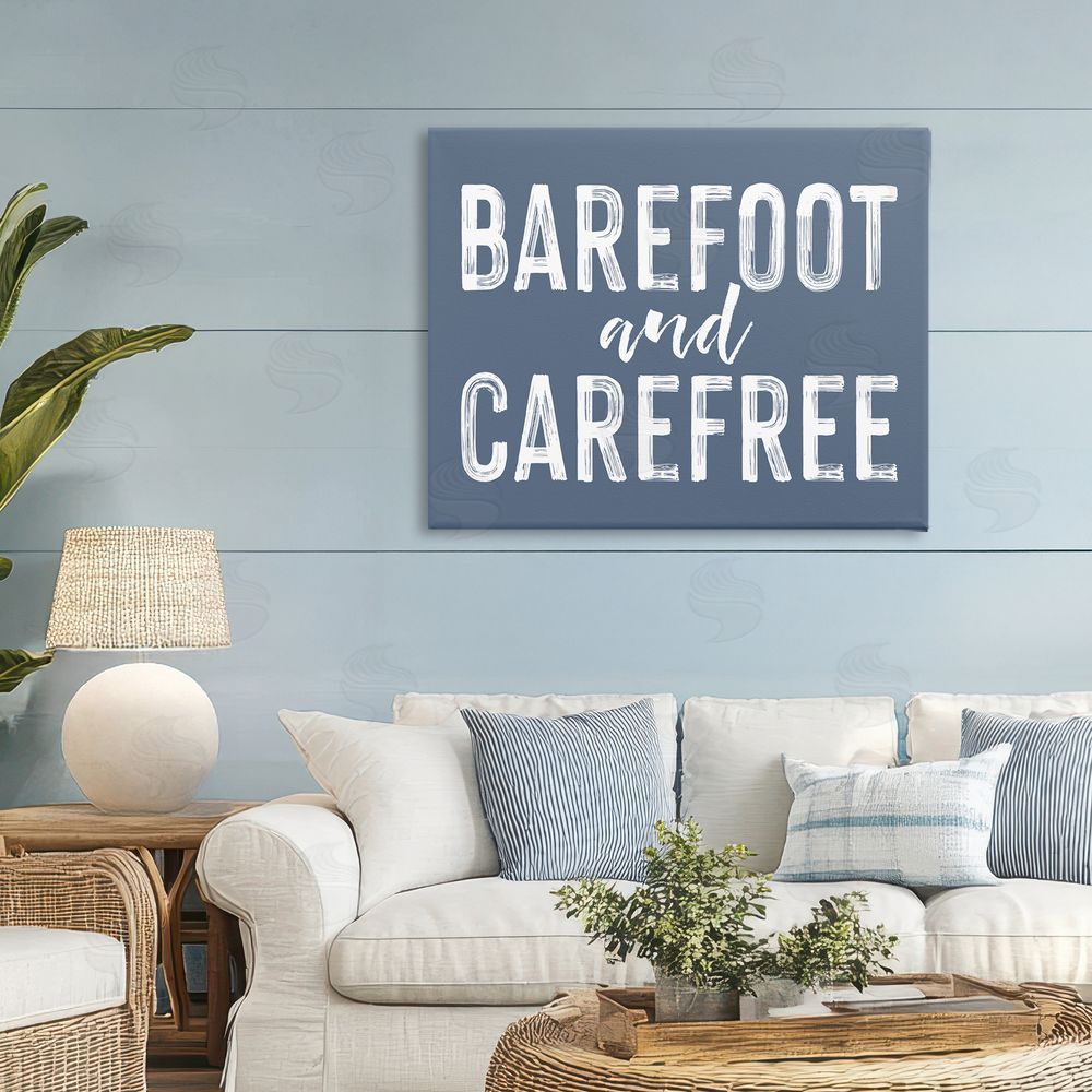 Lettered and Lined Barefoot & Carefree Blue Stretched Canvas Wall Art Print in Room