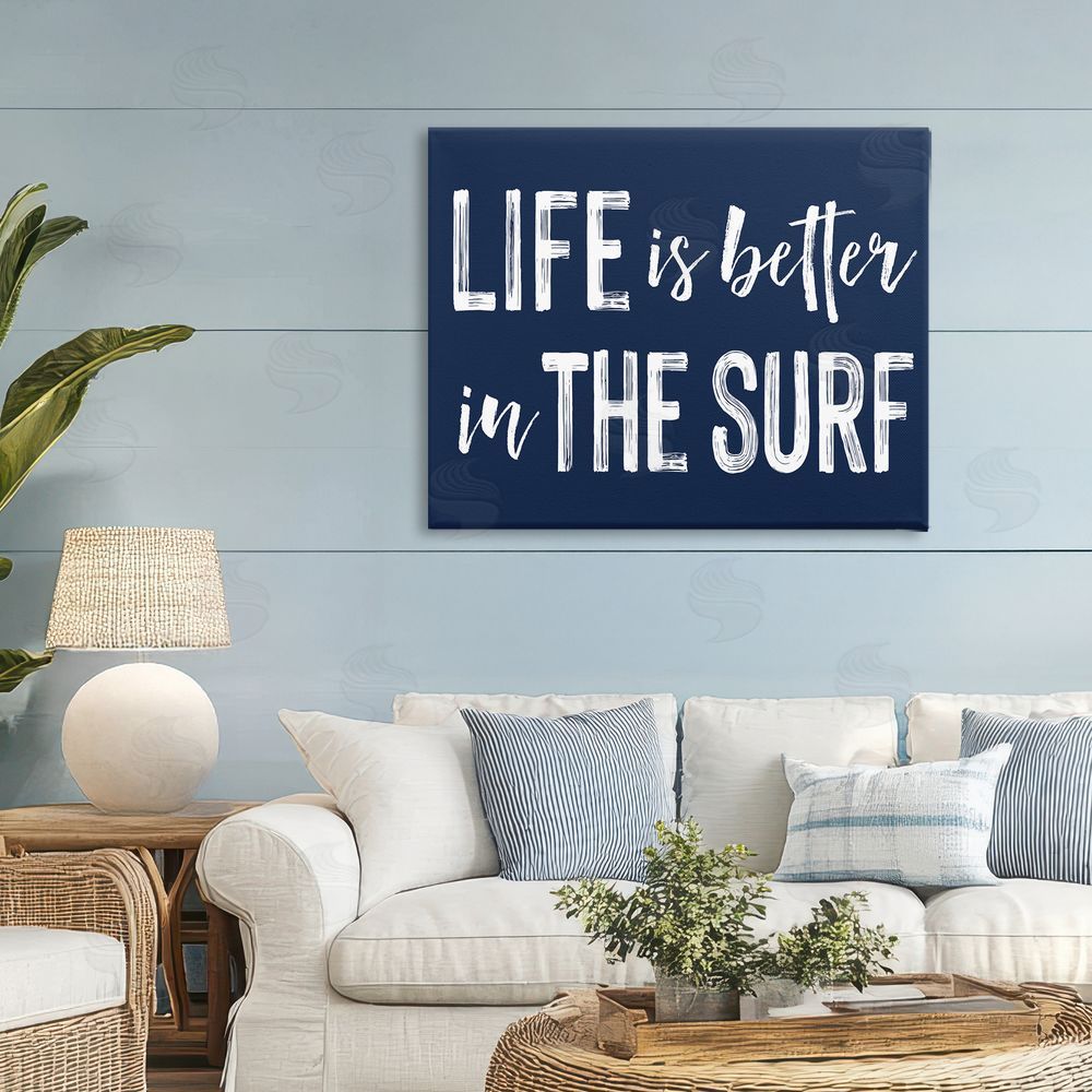 Lettered and Lined Life Better In Surf Stretched Canvas Wall Art Print in Room