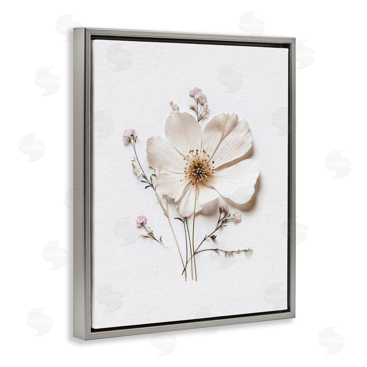 Lettered and Lined Simple Pressed Cottage Flower Gray Floating Frame Canvas Wall Art Print