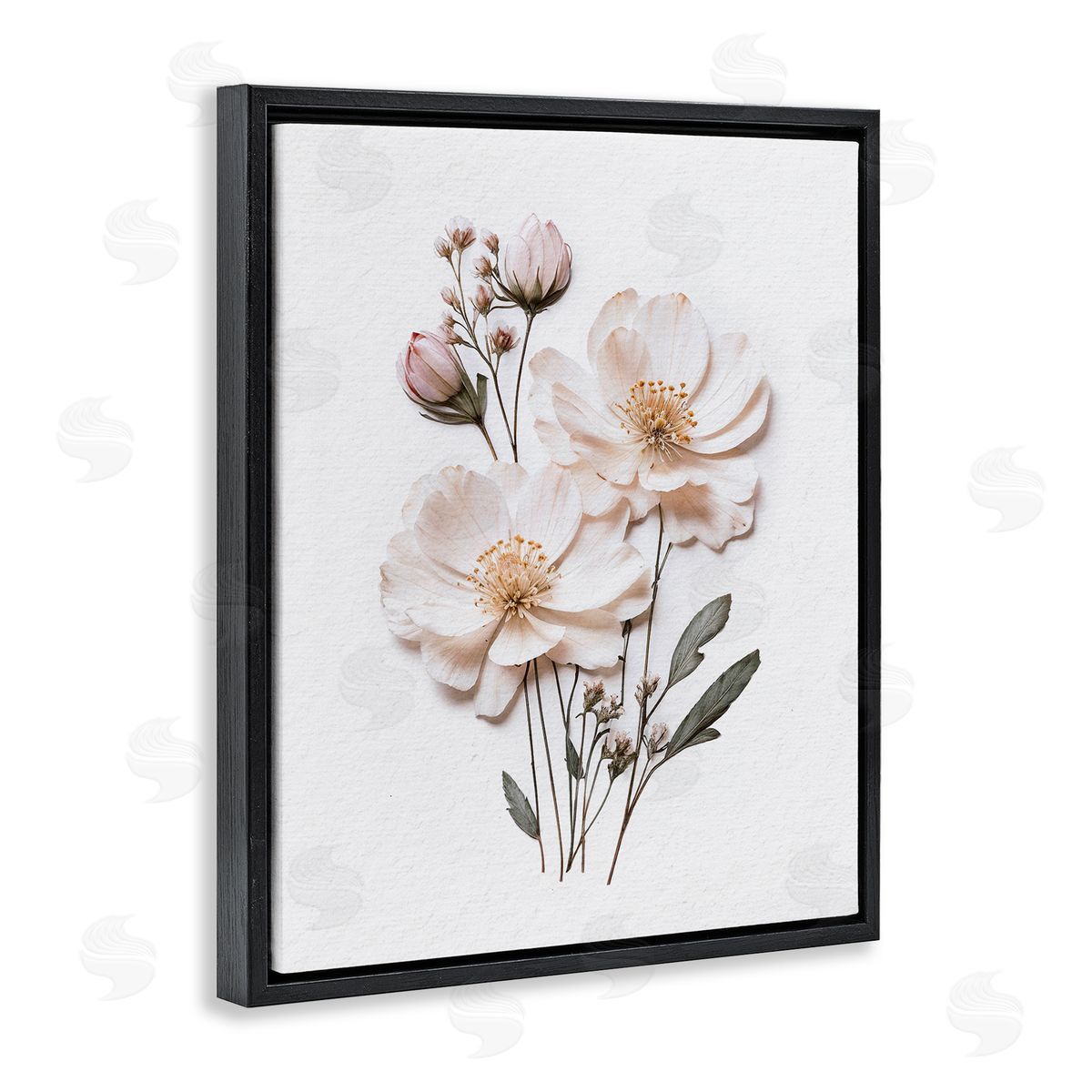 Lettered and Lined Elegant Pressed Flowers Black Floating Frame Canvas Wall Art Print