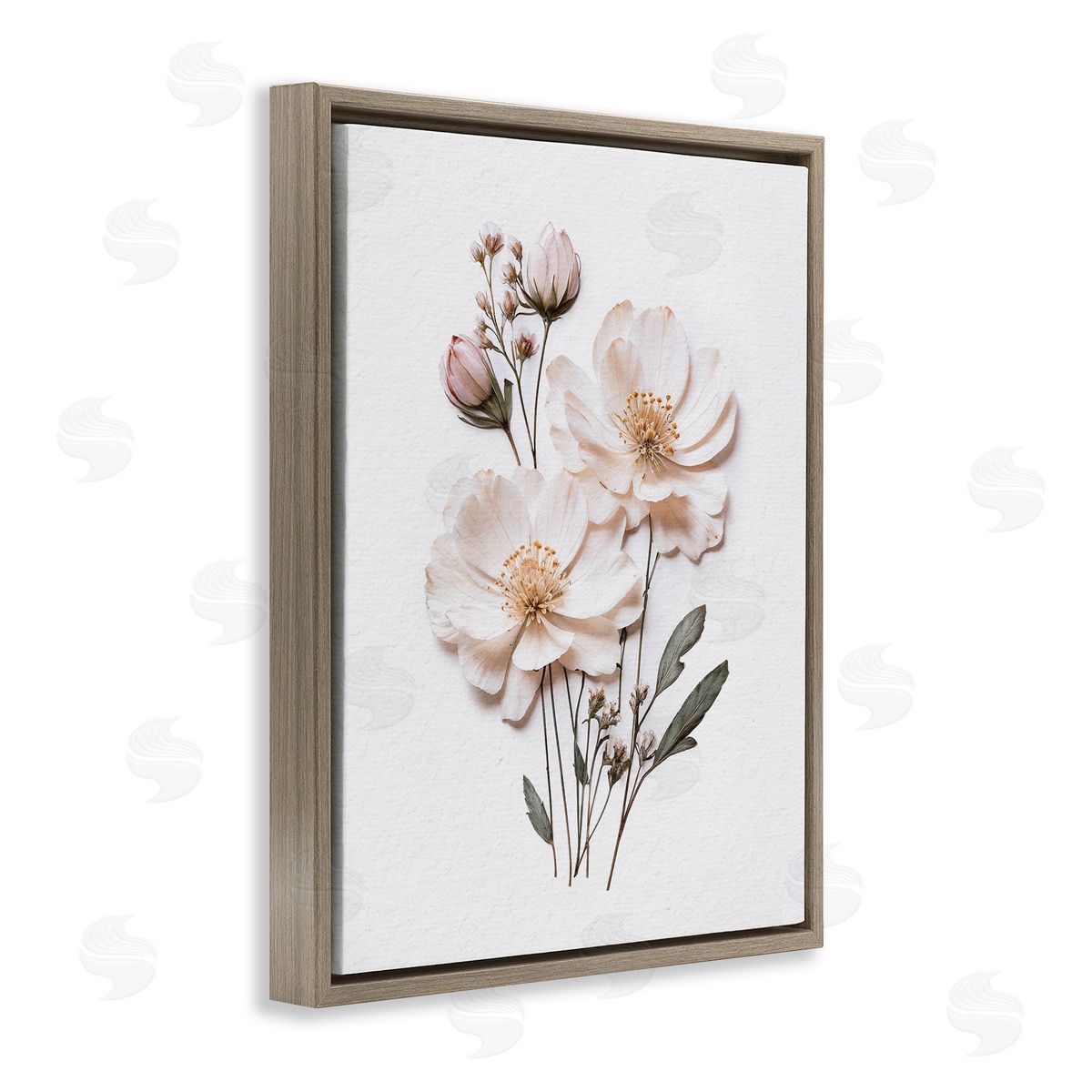 Lettered and Lined Elegant Pressed Flowers Brown Floating Frame Canvas Wall Art Print