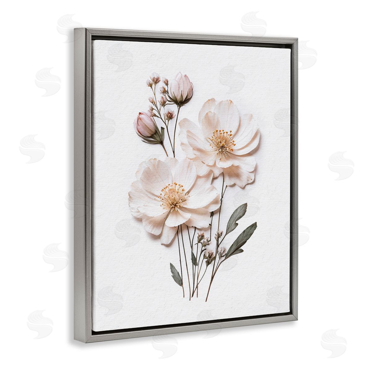 Lettered and Lined Elegant Pressed Flowers Gray Floating Frame Canvas Wall Art Print