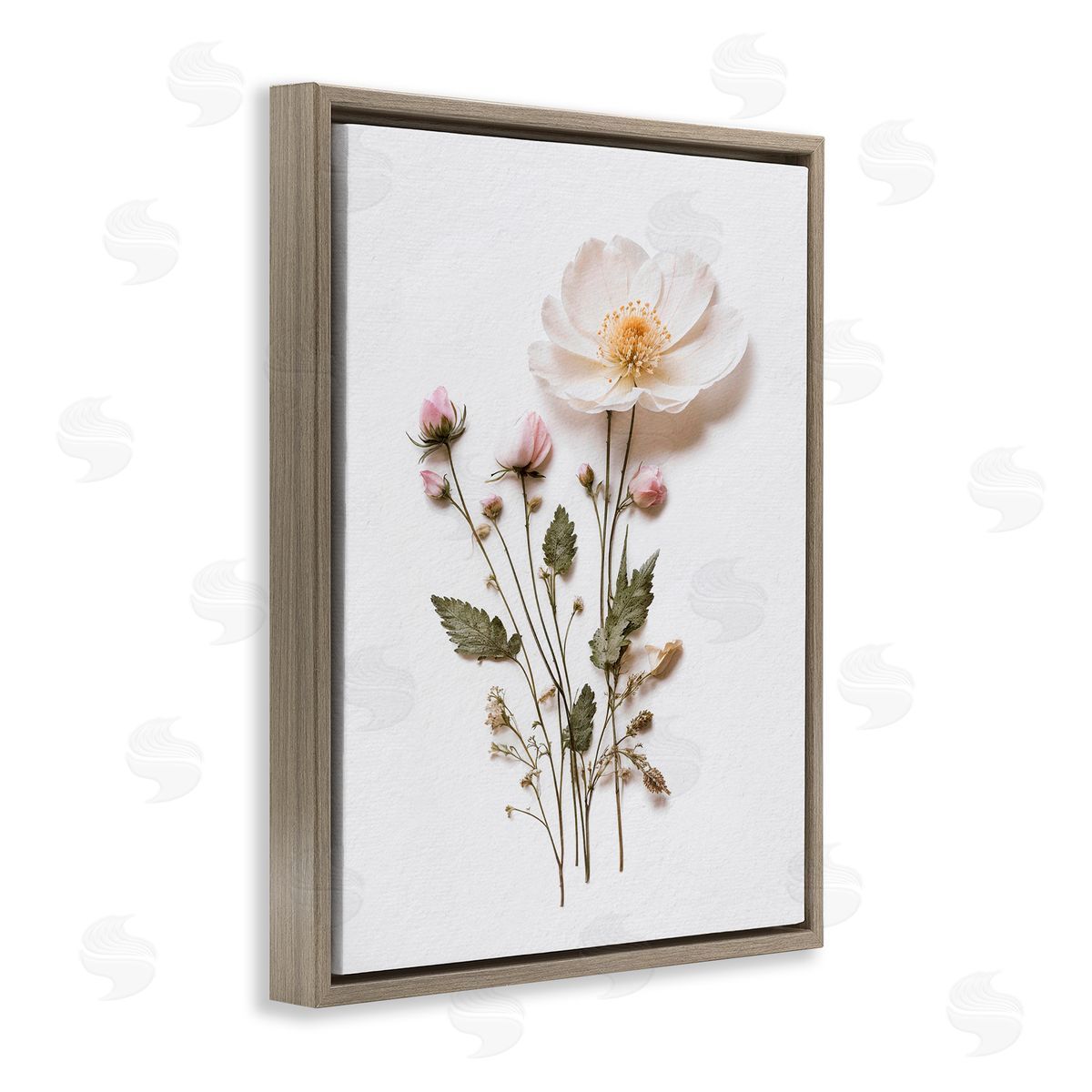 Lettered and Lined Simple Pressed Flowers Brown Floating Frame Canvas Wall Art Print