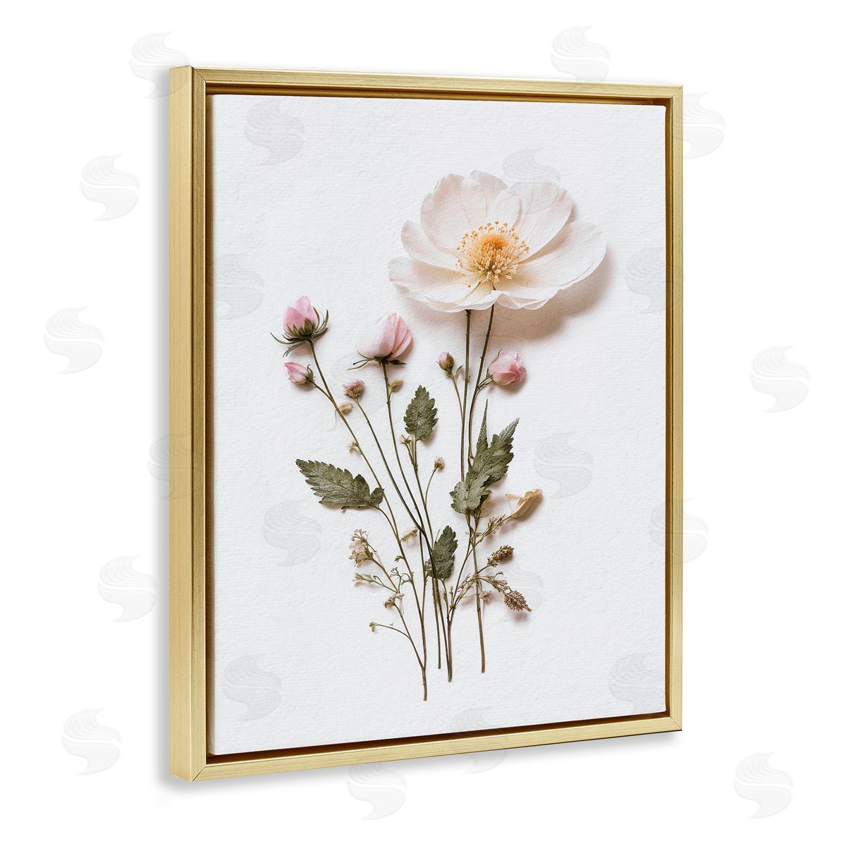 Lettered and Lined Simple Pressed Flowers Gold Floating Frame Canvas Wall Art Print