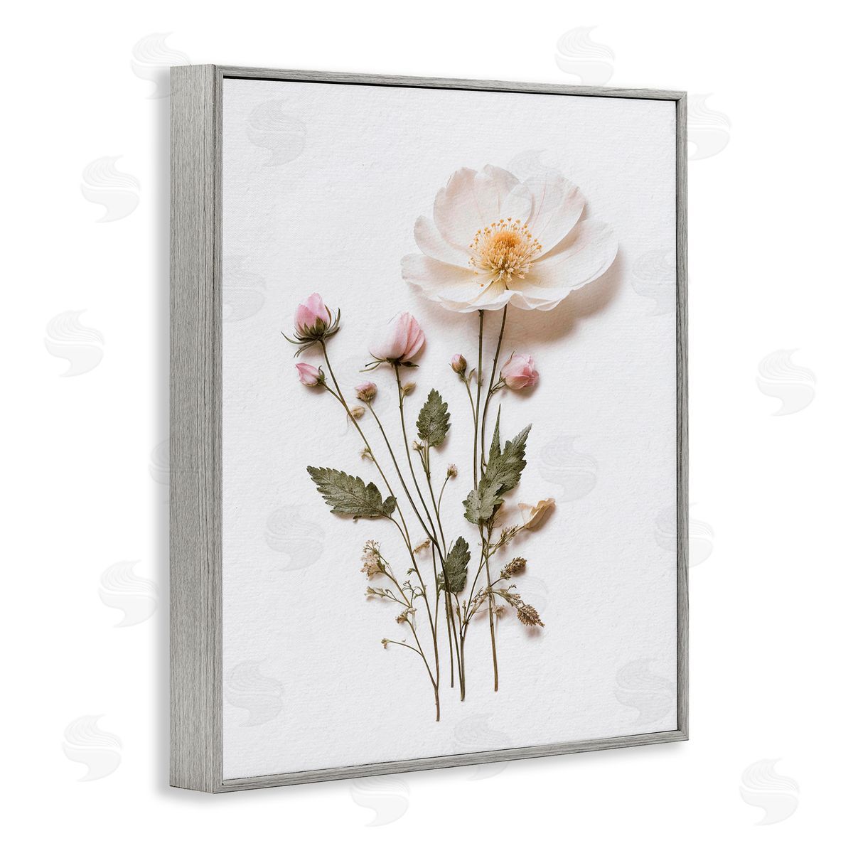 Lettered and Lined Simple Pressed Flowers Gray Framed Giclee Print Wall Art