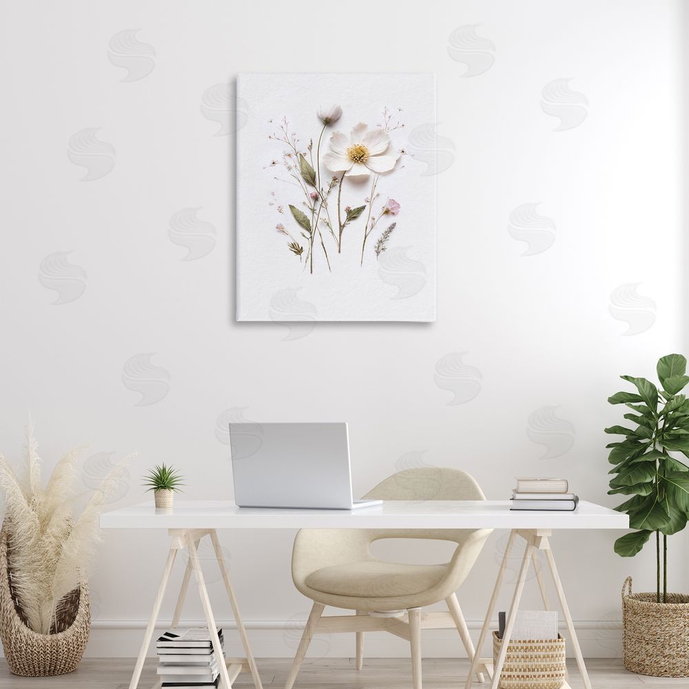 Lettered and Lined Delicate Pressed Flower Sprigs Stretched Canvas Wall Art Print in Room