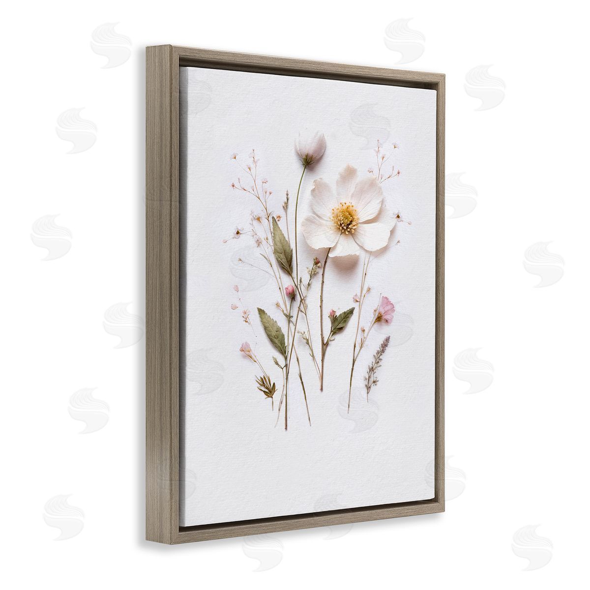 Lettered and Lined Delicate Pressed Flower Sprigs Brown Floating Frame Canvas Wall Art Print