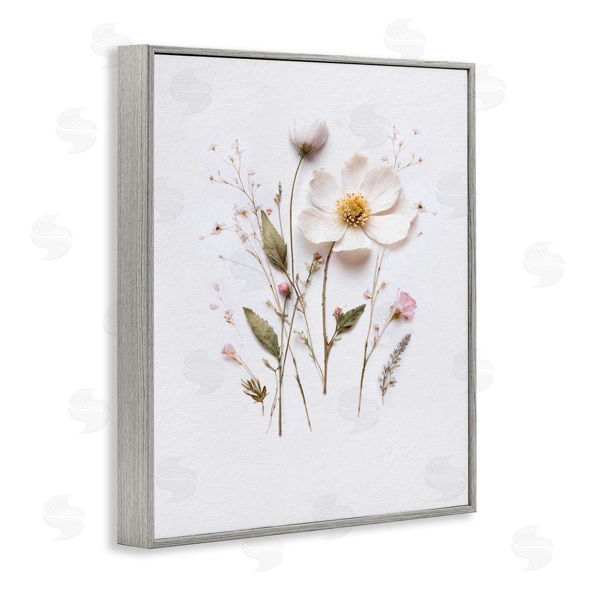 Lettered and Lined Delicate Pressed Flower Sprigs Gray Framed Giclee Print Wall Art