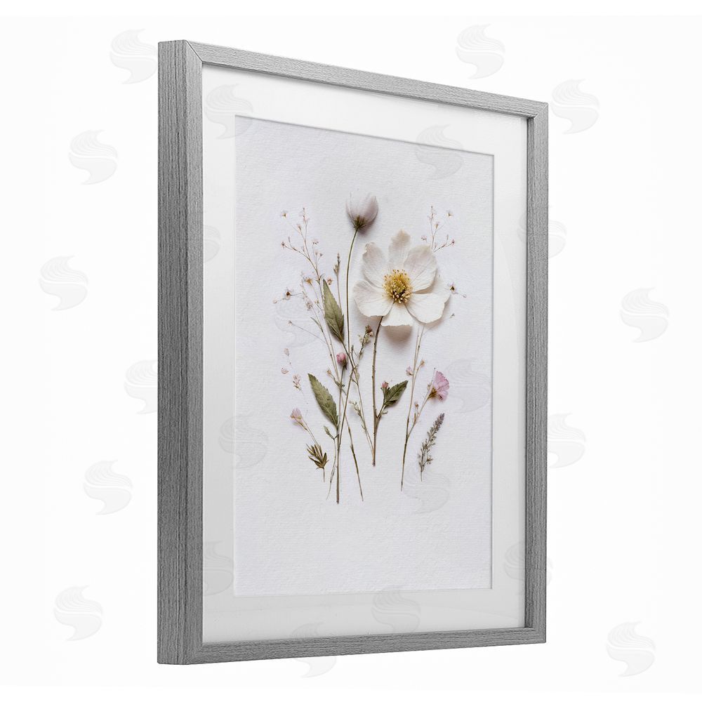 Lettered and Lined Delicate Pressed Flower Sprigs Gray Framed Print Under Glass Wall Art