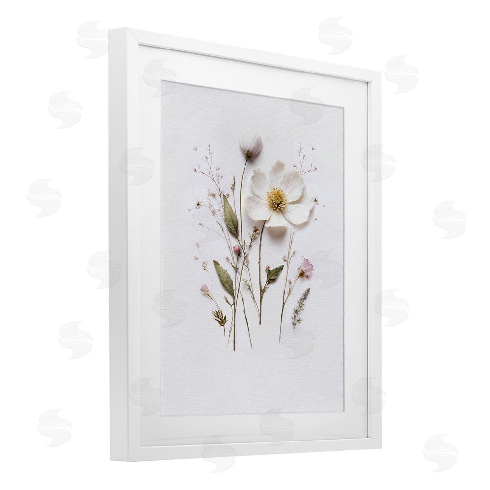 Lettered and Lined Delicate Pressed Flower Sprigs White Framed Print Under Glass Wall Art