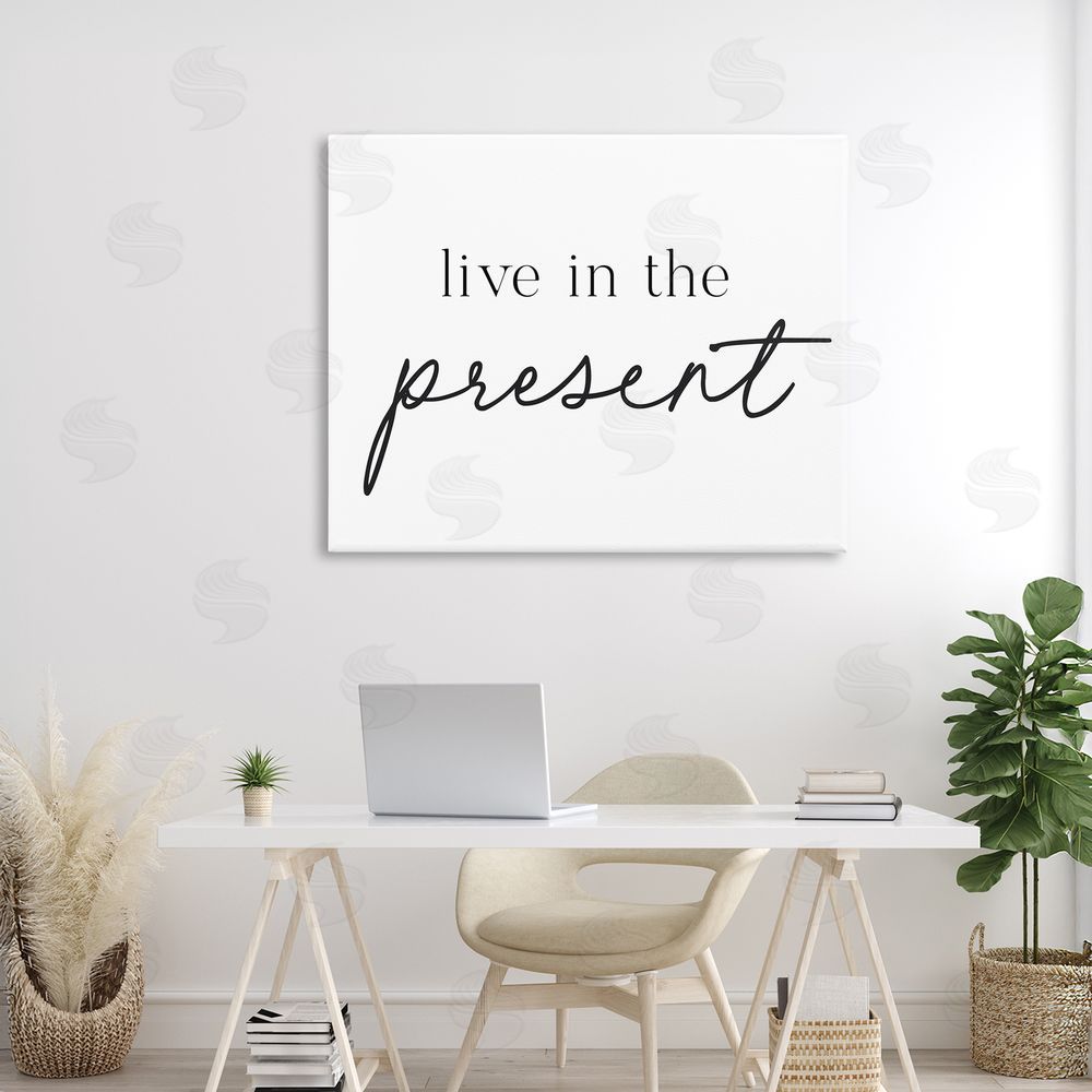 Lettered and Lined Live In The Present Stretched Canvas Wall Art Print in Room