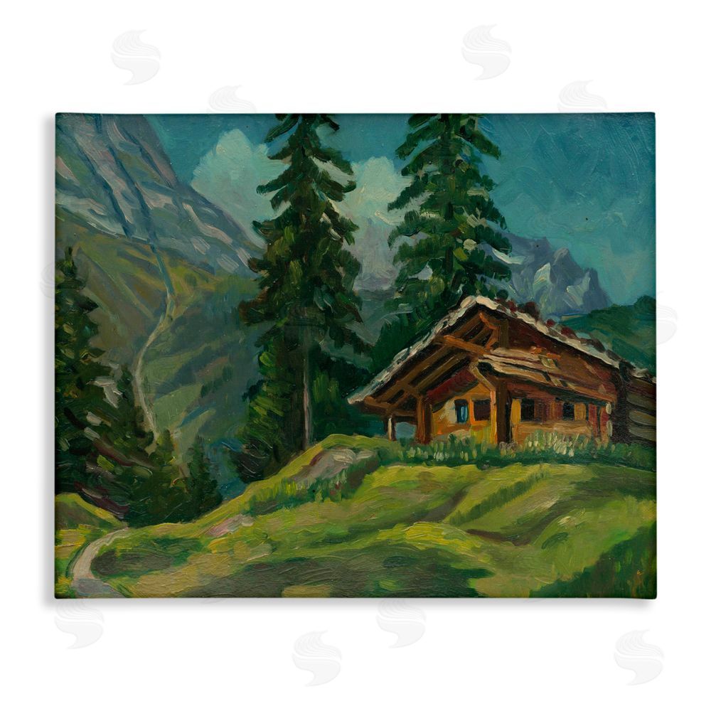 Lettered and Lined Cabin At Base Of Mountain Stretched Canvas Wall Art Print