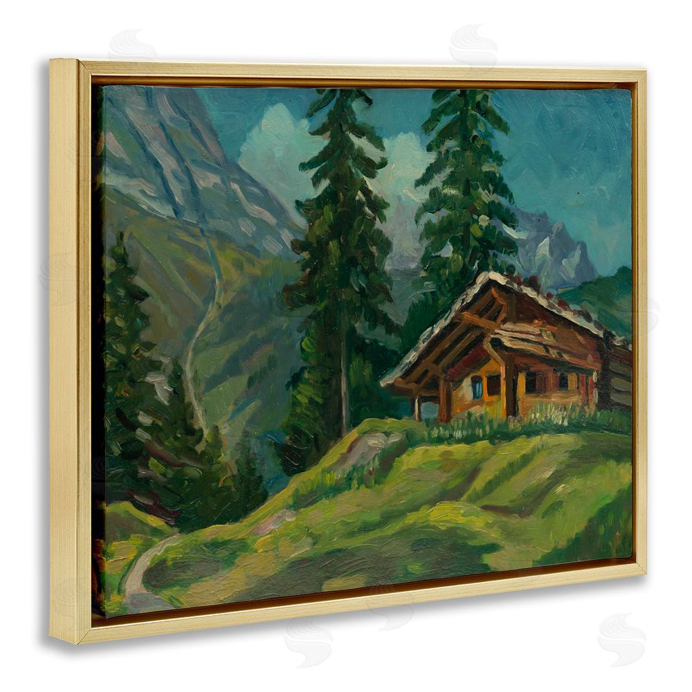 Lettered and Lined Cabin At Base Of Mountain Gold Floating Frame Canvas Wall Art Print