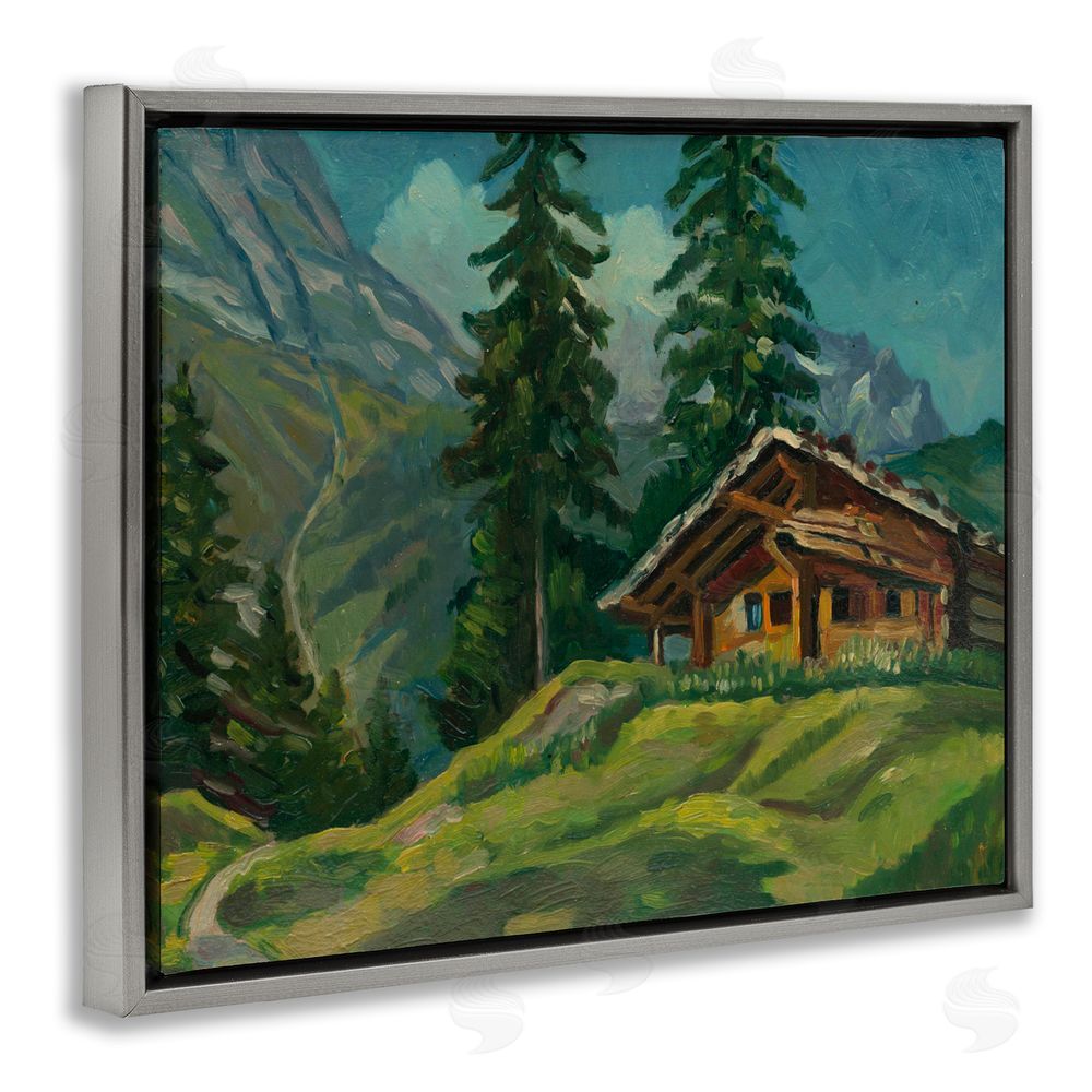 Lettered and Lined Cabin At Base Of Mountain Gray Floating Frame Canvas Wall Art Print