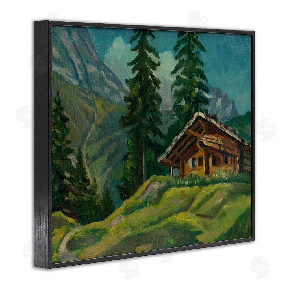 Lettered and Lined Cabin At Base Of Mountain Black Framed Giclee Print Wall Art
