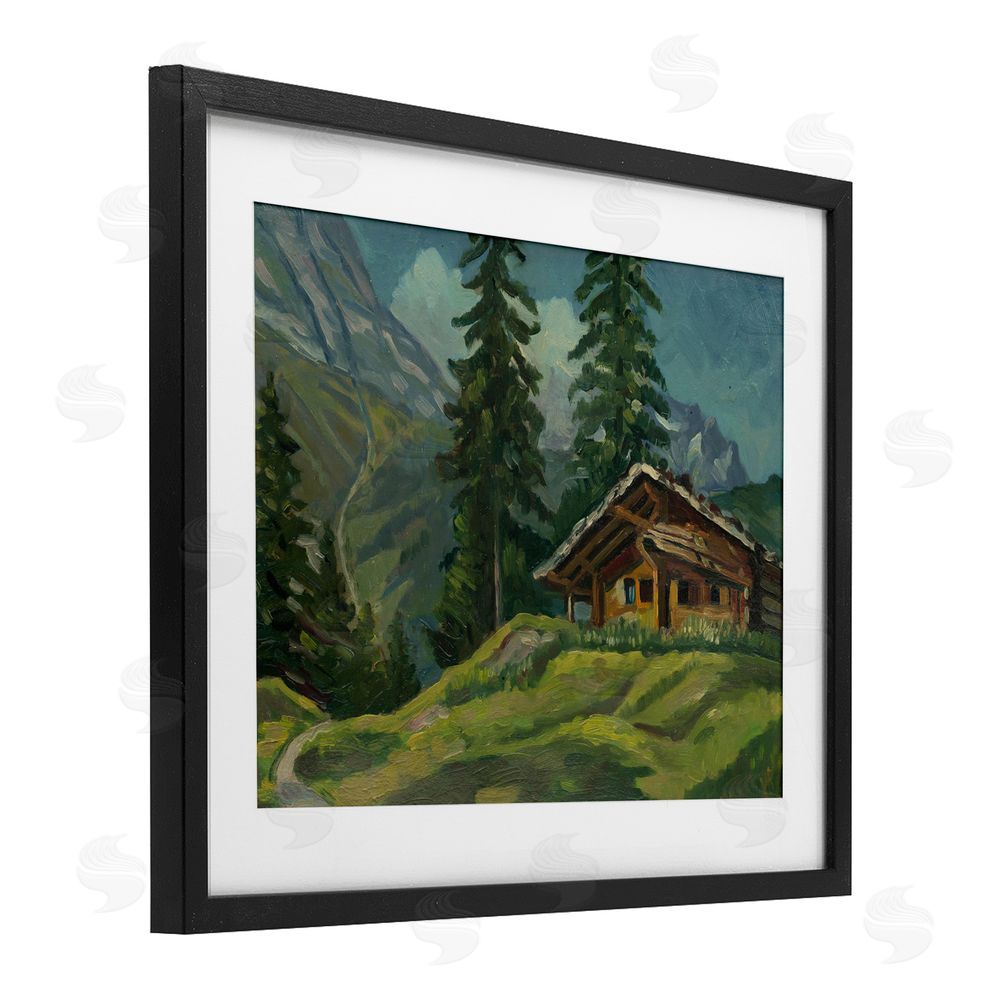 Lettered and Lined Cabin At Base Of Mountain Black Framed Print Under Glass Wall Art