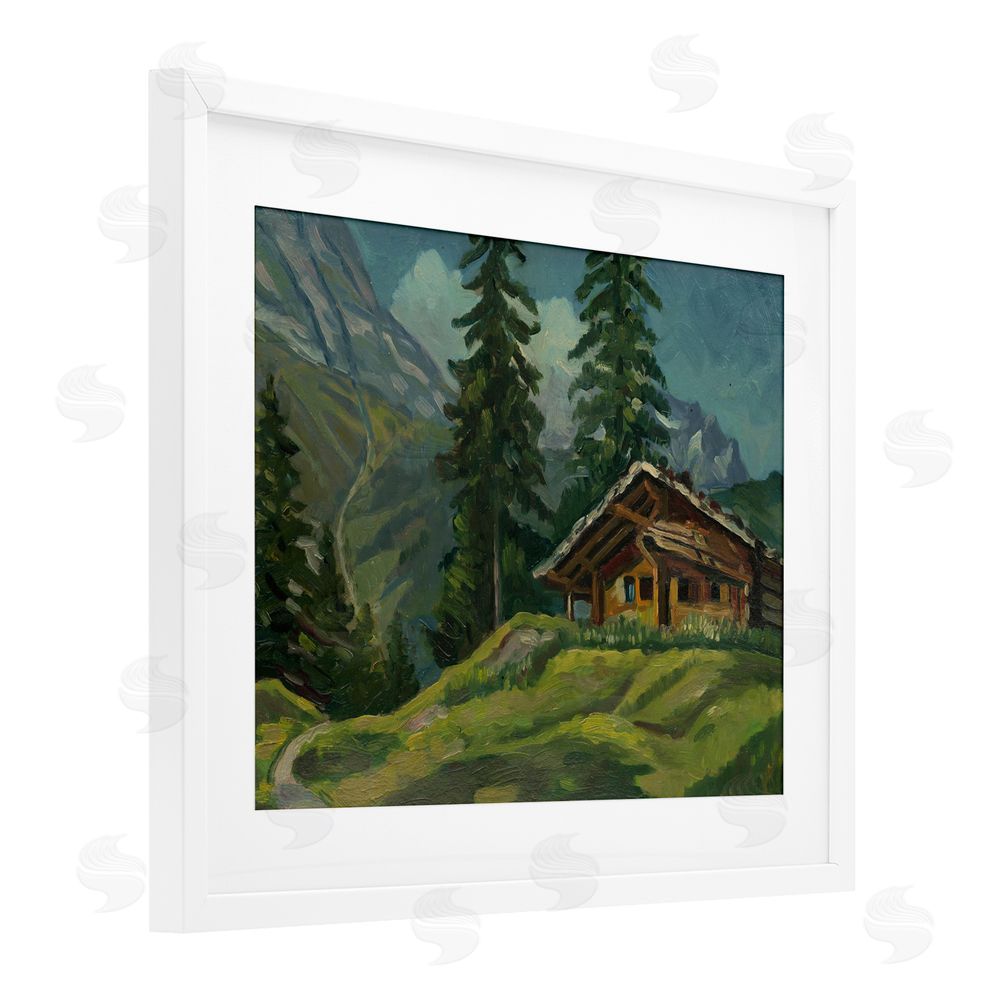 Lettered and Lined Cabin At Base Of Mountain White Framed Print Under Glass Wall Art