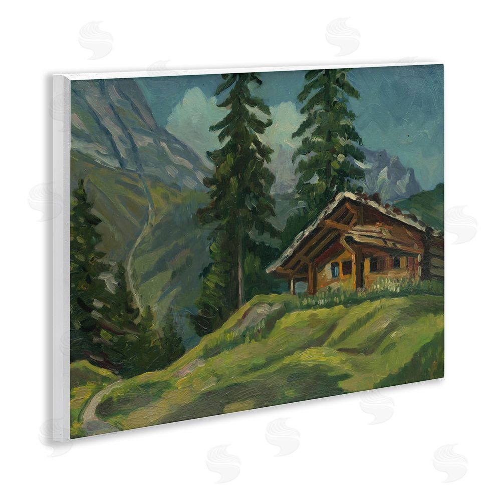 Lettered and Lined Cabin At Base Of Mountain Wooden Wall Plaque Art Print