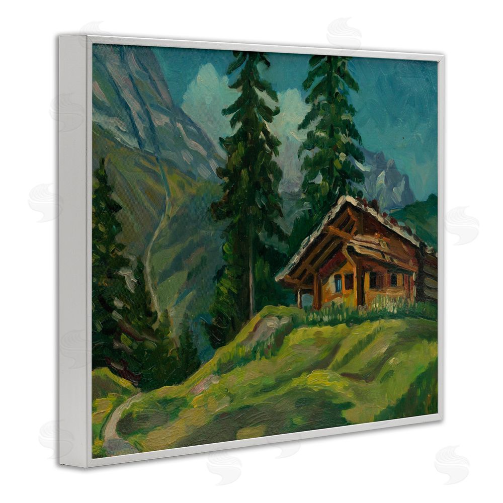 Lettered and Lined Cabin At Base Of Mountain White Framed Giclee Print Wall Art
