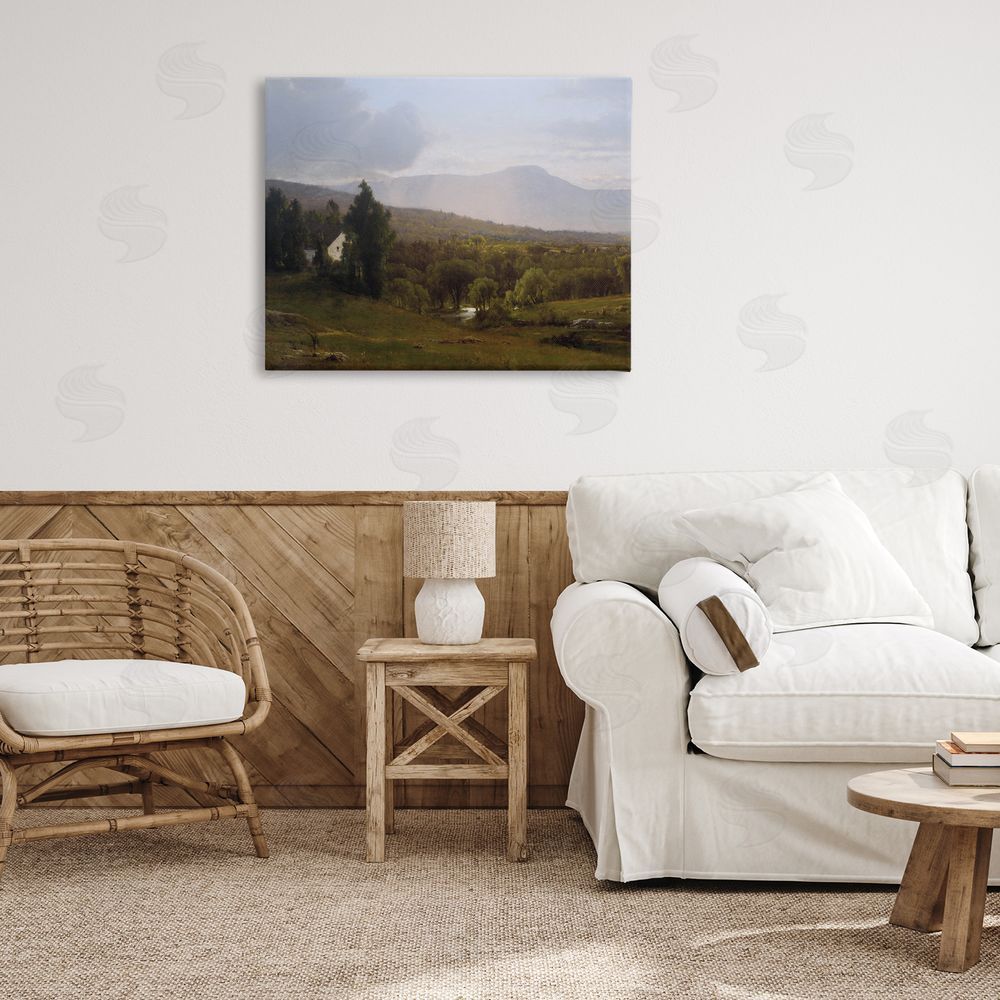 Lettered and Lined Cabins in Peaceful Vista Stretched Canvas Wall Art Print in Room